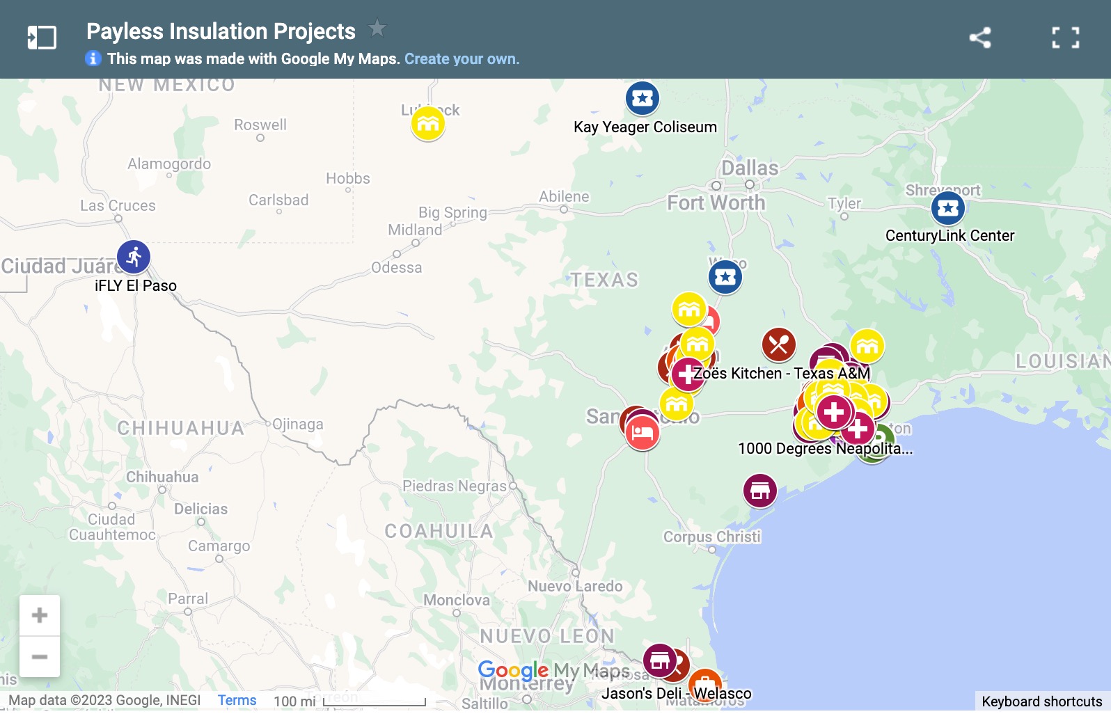 Geographic map showing all current locations of Payless Insulation's commercial projects 2023