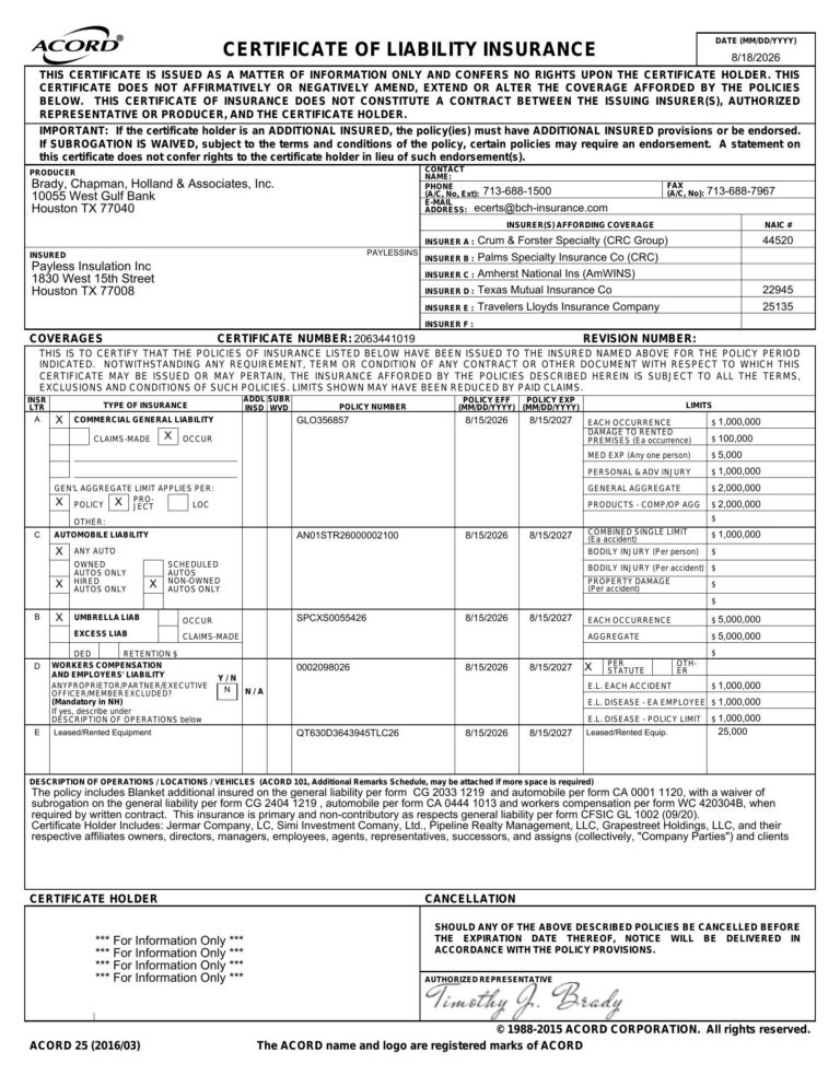 Payless Insulation 2026 liability insurance document